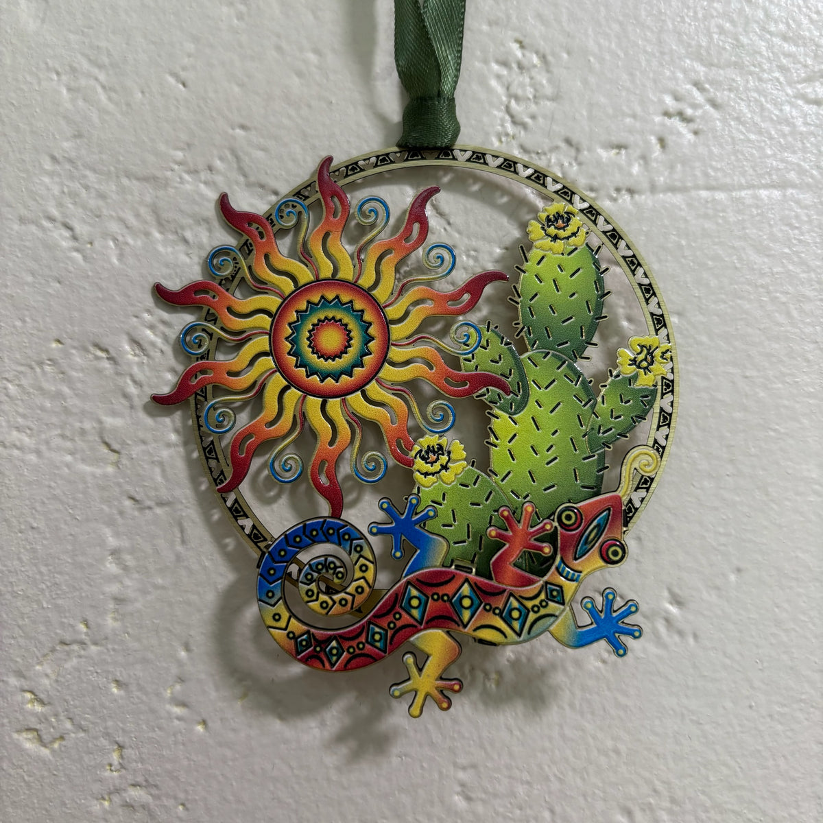 Under The Sun Holiday Ornament lizard cactus and sun design against white stucco backdrop For Sale Online