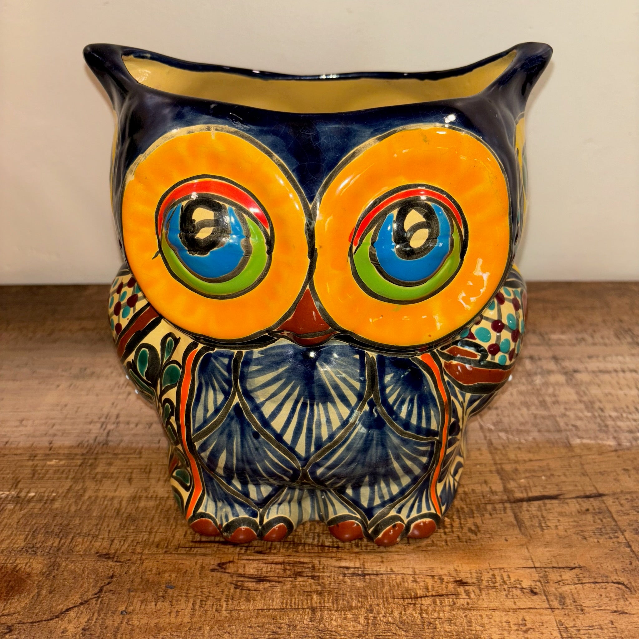 Hand-made Hand-painted colorful blue Talavera Owl pottery from Mexico for sale online.
