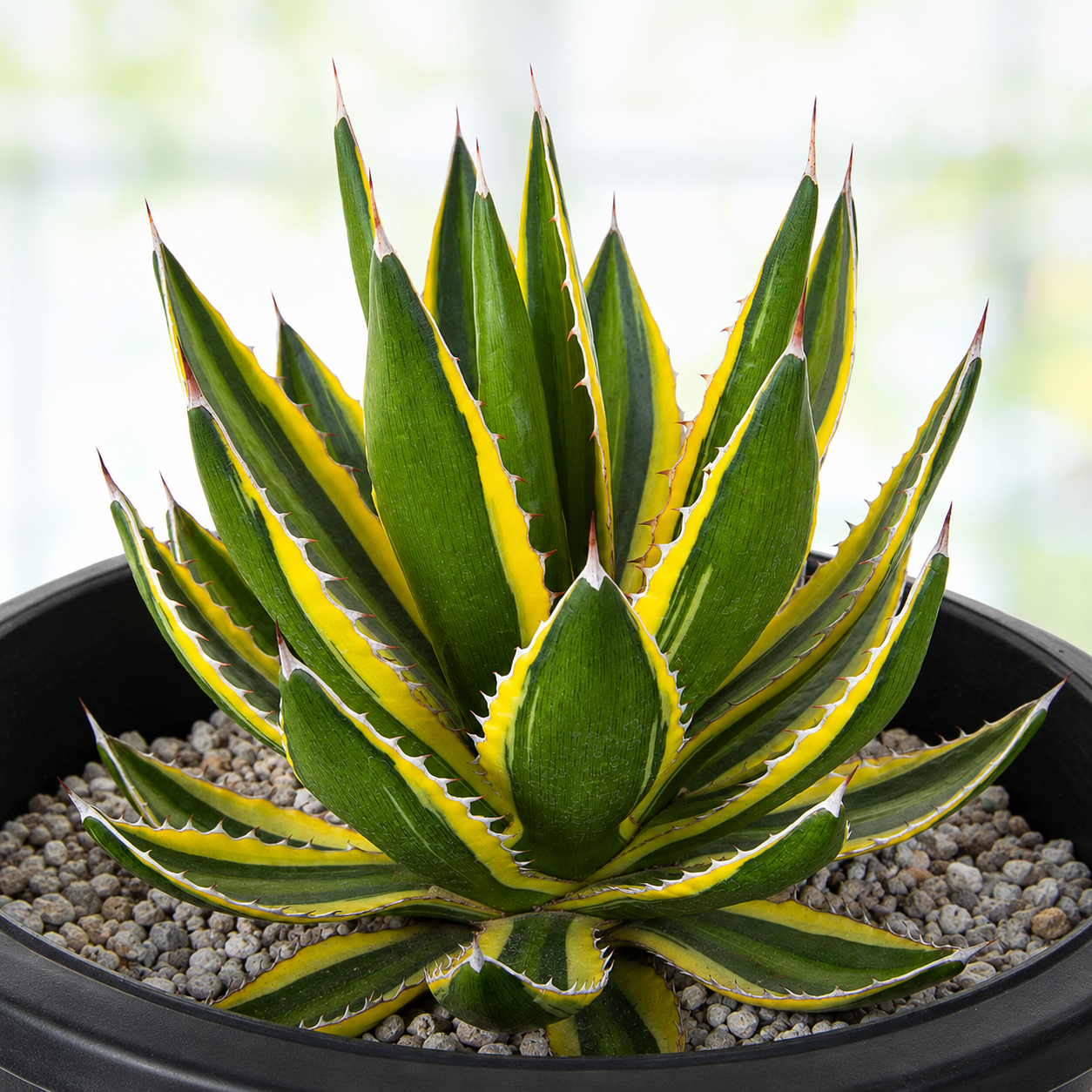 Agave lophantha 'Quadricolor' live plant with striped green and yellow leaves in a compact rosette.