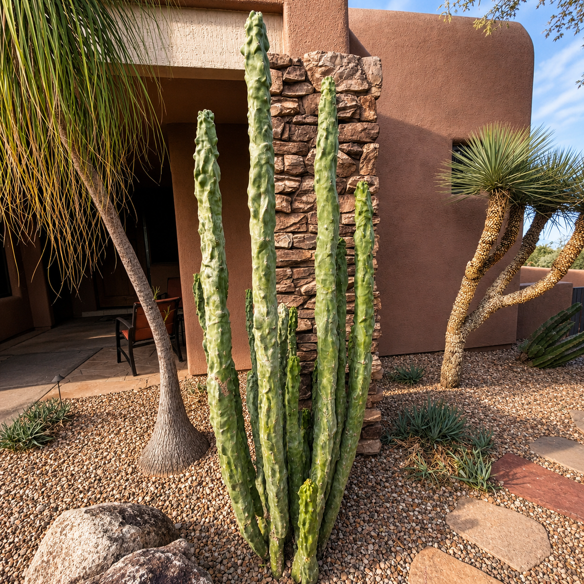 A tall green column cactus planted in a desert-style yard in front of a stucco house with a stone pillar, gravel ground cover, rocks, and desert trees.