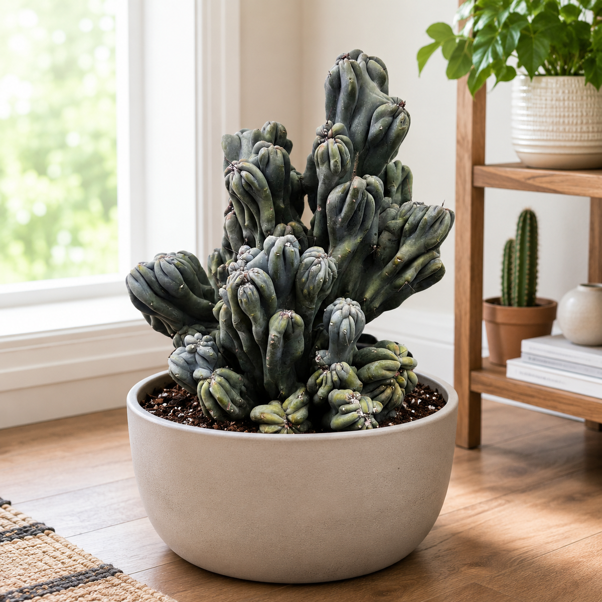 A tall, branching succulent cactus in a round light beige ceramic pot, placed on a wooden floor in a bright room with a window and a wooden shelf in the background.