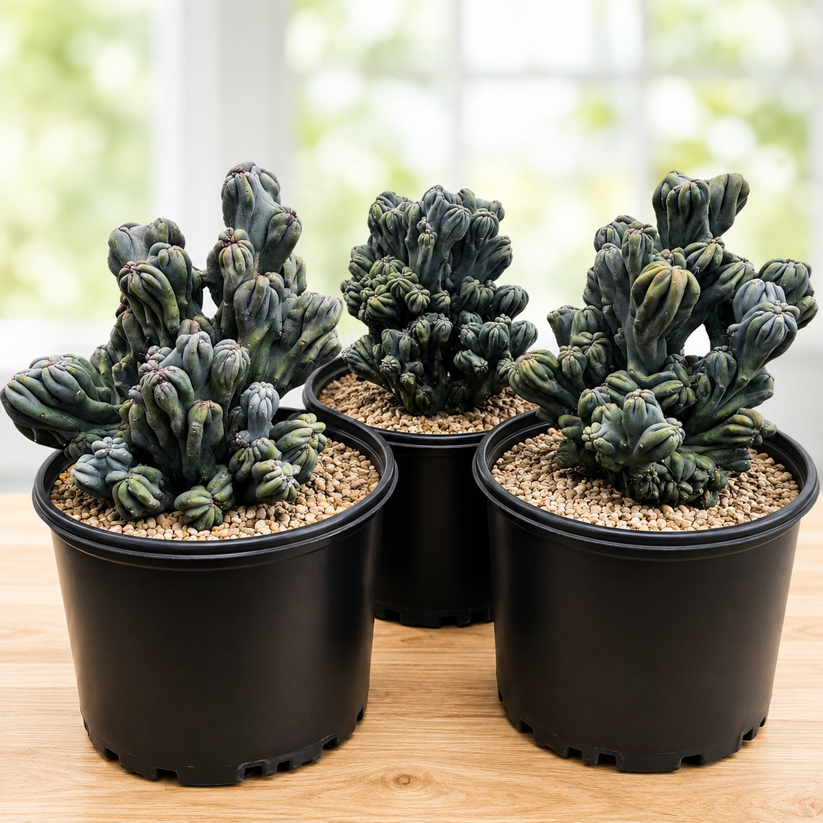 Three potted succulent plants with clustered green-blue stems in black plastic pots, arranged on a light wood surface with a softly blurred bright window background.