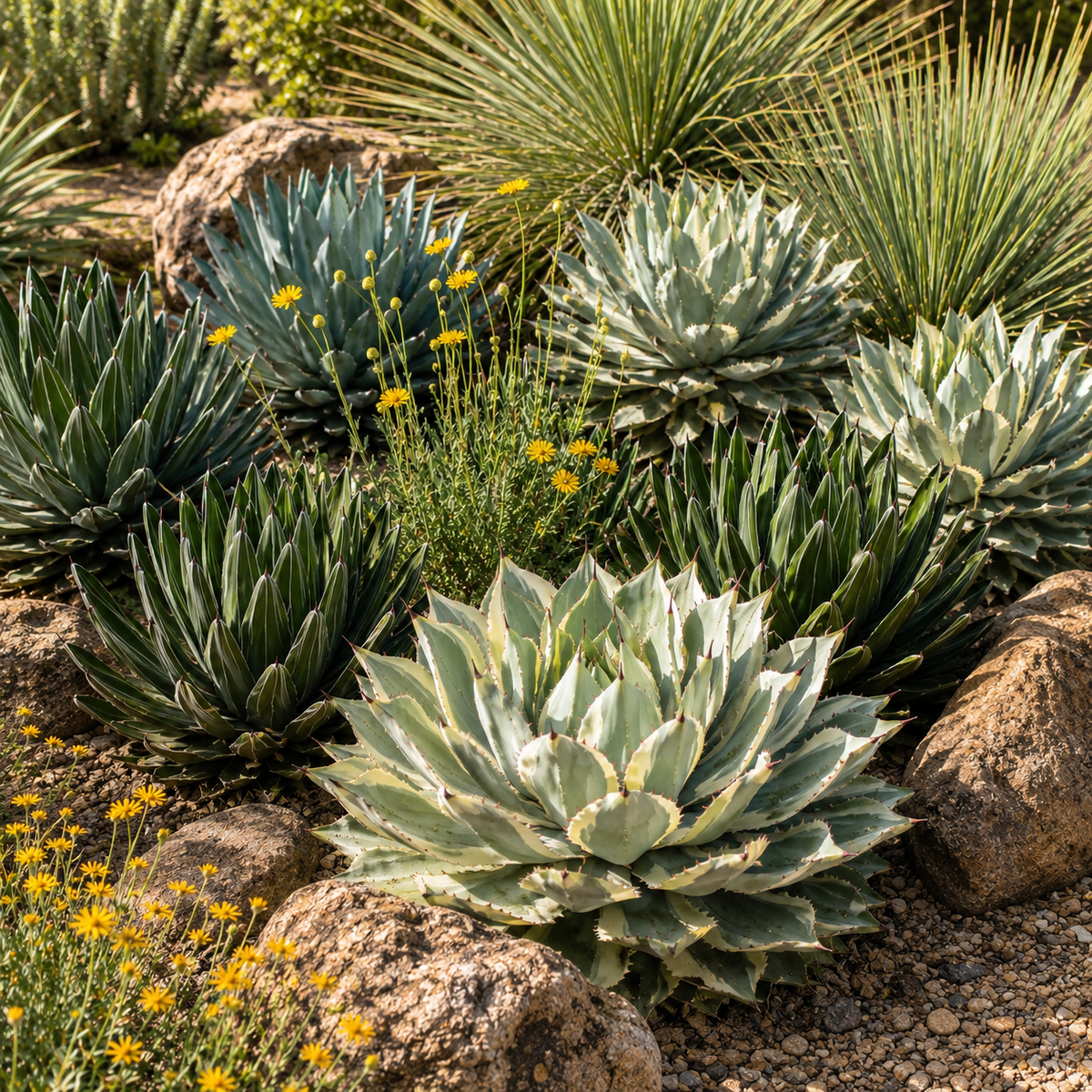 A cluster of agave succulents and yucca plants arranged in a rocky garden bed with small yellow wildflowers.