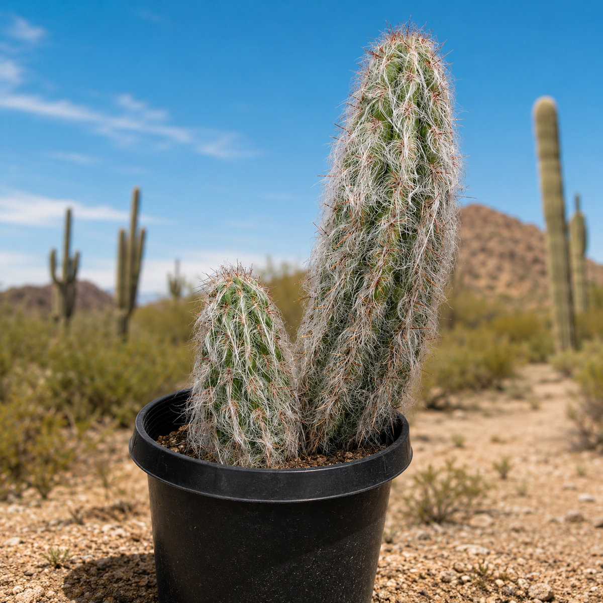 A small potted columnar cactus with dense white hairs in a black plastic pot, set against a desert background with other cacti, hills, and a blue sky.