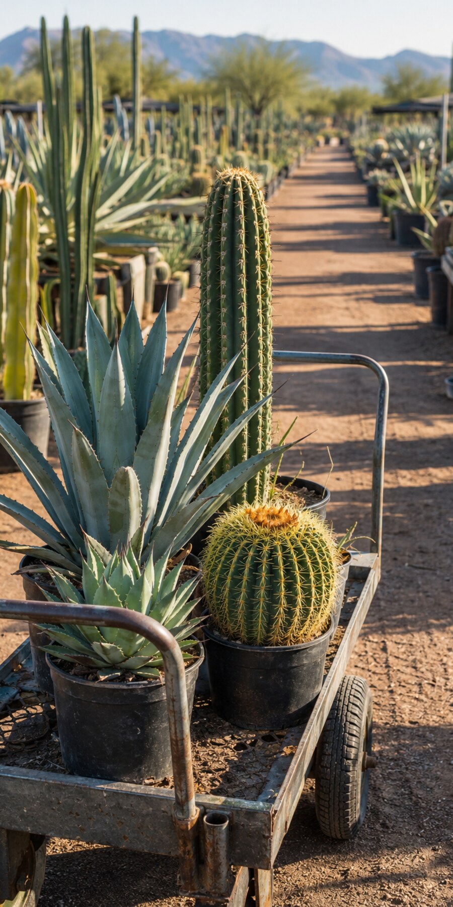 A metal cart loaded with potted desert cacti and succulents, including a tall column cactus, a barrel cactus with a yellow flower, and a large agave plant, set in a sunny outdoor nursery with rows of plants and mountains in the background.